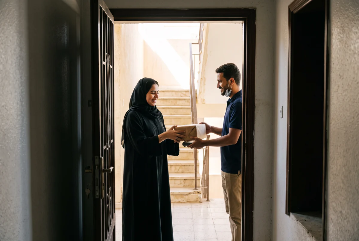 عميلة تستلم طردها عند باب منزلها من مندوب توصيل في ضوء نهار ساطع