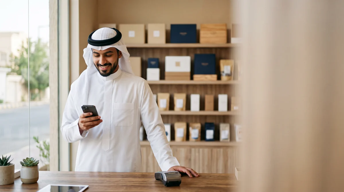 صاحب متجر سعودي بثوب وشماغ يبتسم وهو ينظر إلى جواله خلف كاونتر محله