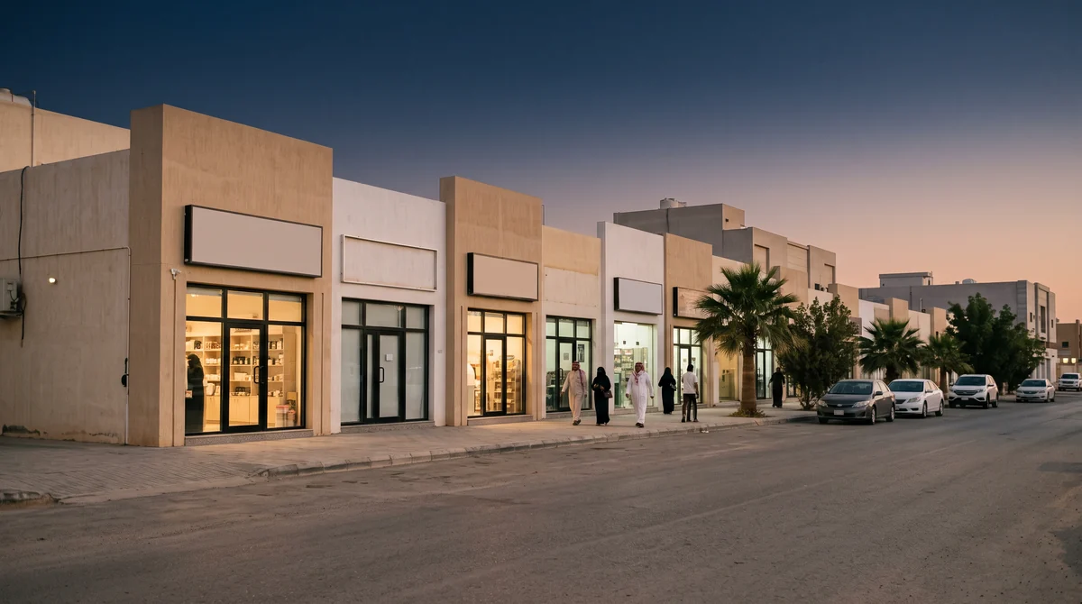 شارع تجاري سعودي عند الغسق بصف من واجهات محلات صغيرة ولوحات بلا كتابة