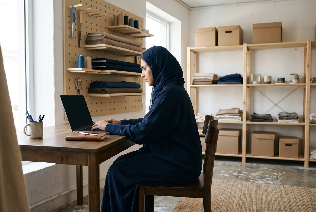 سيدة سعودية بعباءة كحلية تعمل على حاسوب محمول في مستودع متجرها الصغير
