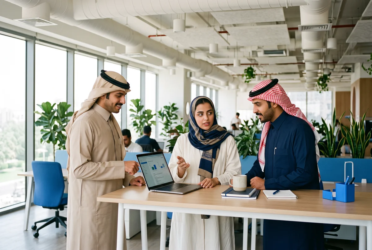 Three Saudi colleagues discussing over a laptop in a bright modern office